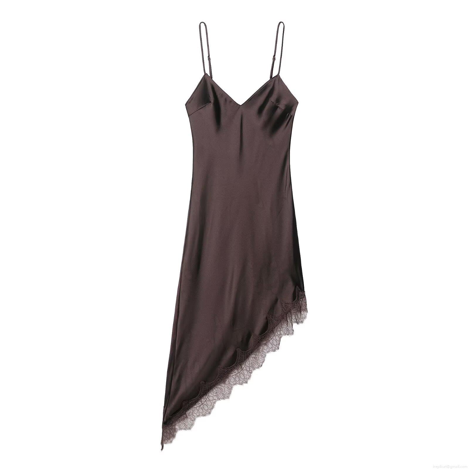 Women's Elegant Chocolate Brown Satin Lace Patchwork Camisole Maxi Dress Sexy V-Neck Asymmetric Hem Spaghetti Strap Silk-Like Party Dresses