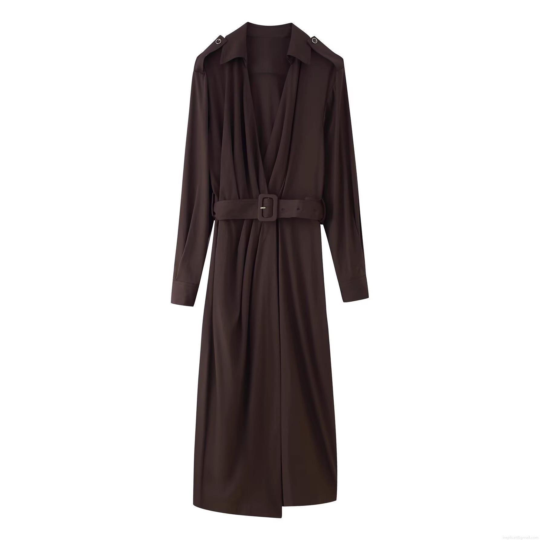 Elegant Women Solid Coffee Shirt Collar Long Sleeve Maxi Dress With Belt Epaulettes Polyester High Quality Office Party Swing Dress Chic Ladies Outfit