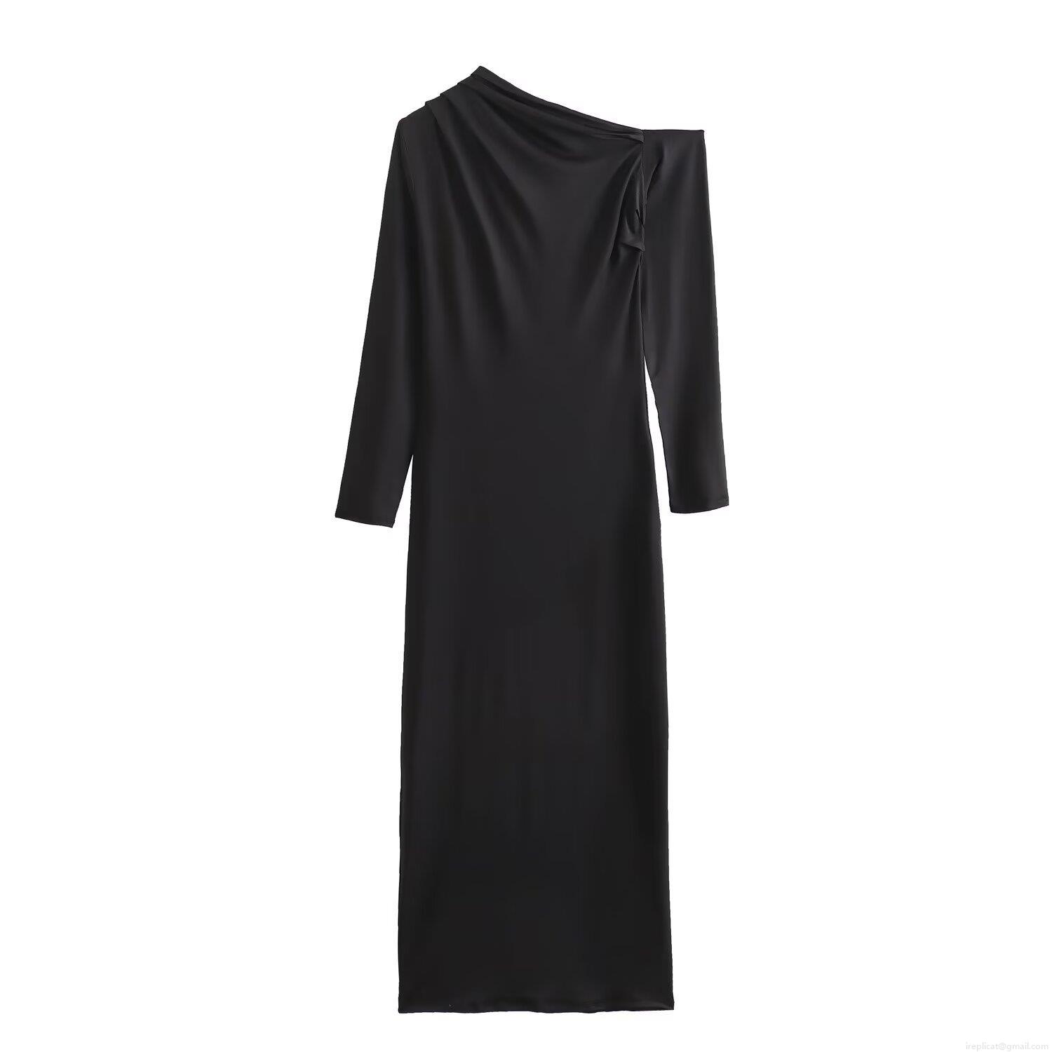 Women Elegant One Shoulder Maxi Dress Asymmetric Ruched Long Sleeve Bodycon Party Dress Milk Silk Polyester Sexy Slim Fit Evening Gown