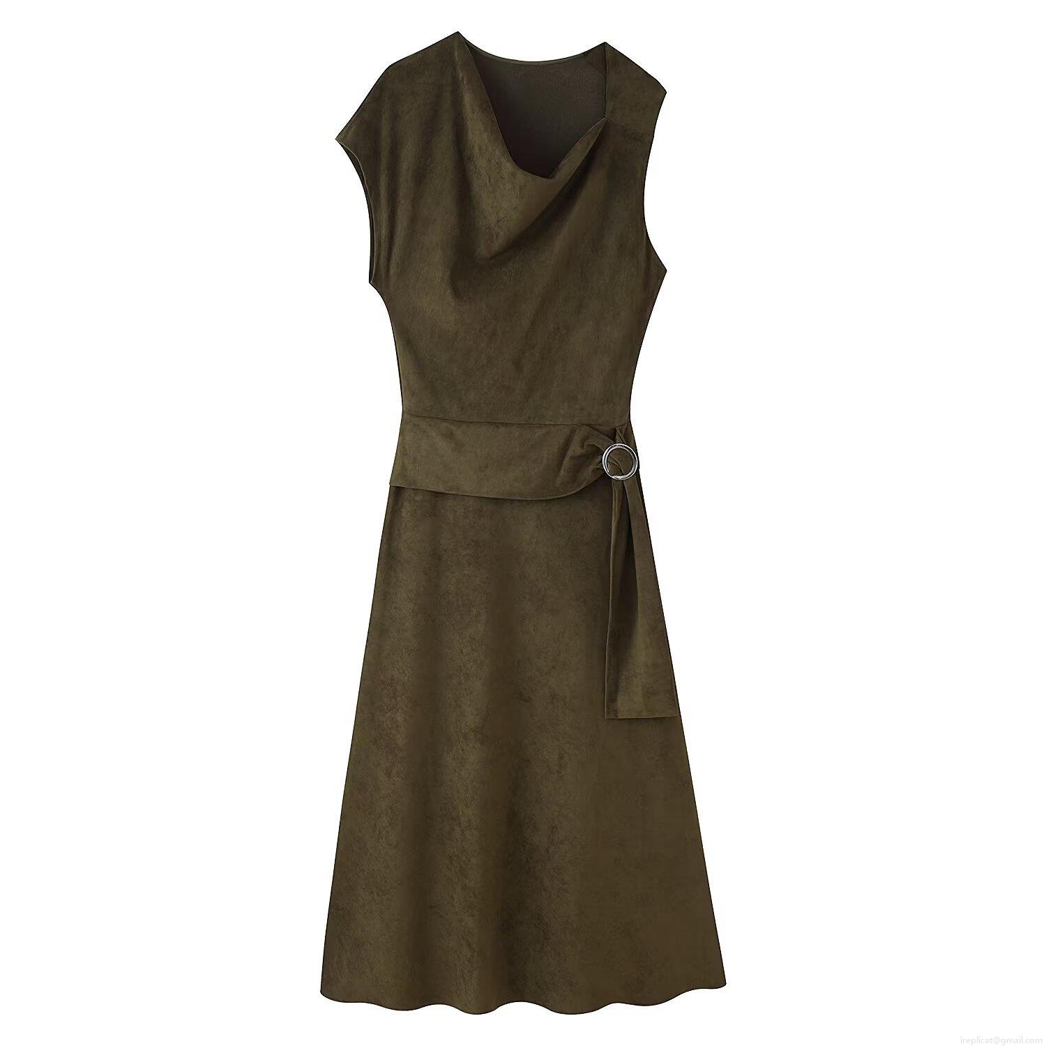 Women Sleeveless Faux Suede Maxi Dress With Metal Ring Belt Asymmetrical Hem Crew Neck Sexy Bodycon Long Dress For Party Clubwear