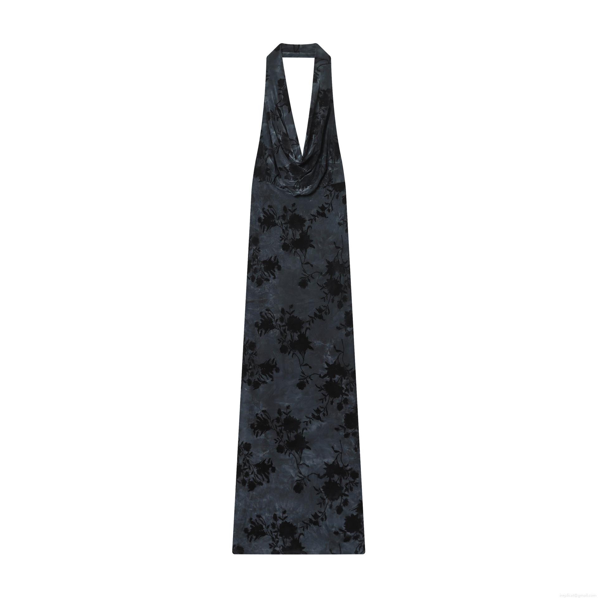 Women's Elegant Halter Neck Maxi Dress Black Flocked Velvet Burn-out Floral Backless Deep V-neck Slim Fit Evening Party Long Dress