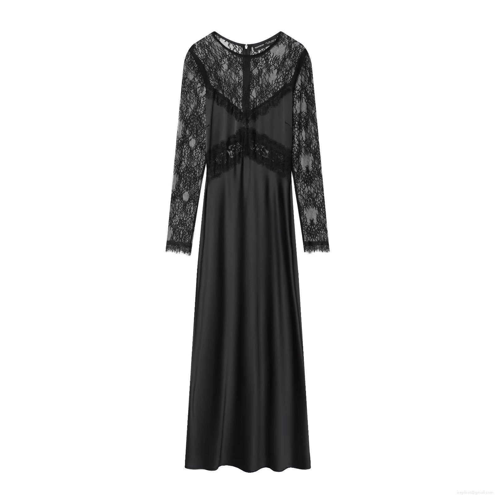 Women's Elegant Black Lace Patchwork Maxi Dress Long Sleeve Acetate Satin Evening Gown For Party Wedding Ceremony Socialite Style Dress