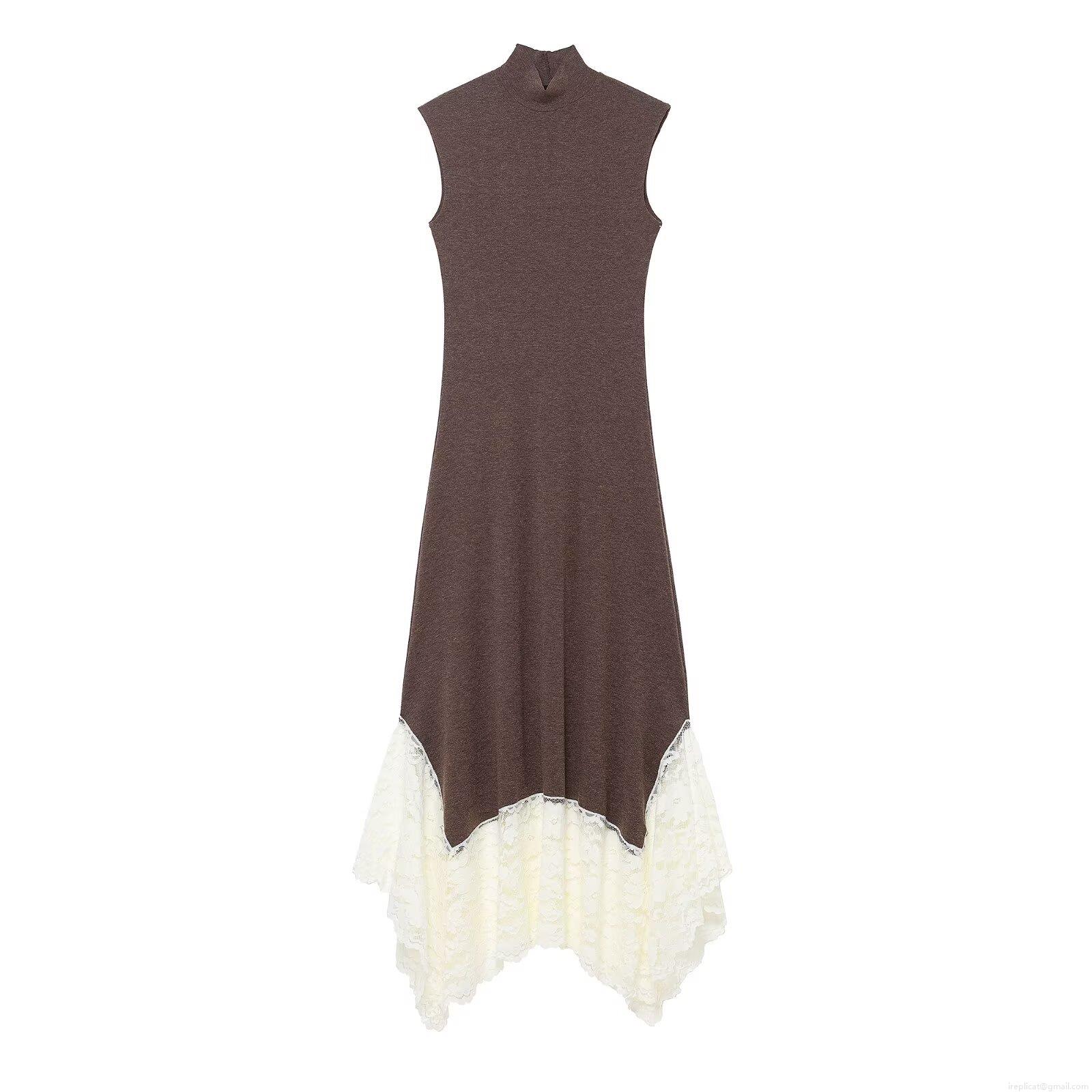 Women's Sleeveless Mock Neck Knit Maxi Dress With Contrast White Lace Splicing Asymmetric Hem Sexy Party Bodycon Dress For Summer Beach Vacation Elegant Ladies Gown