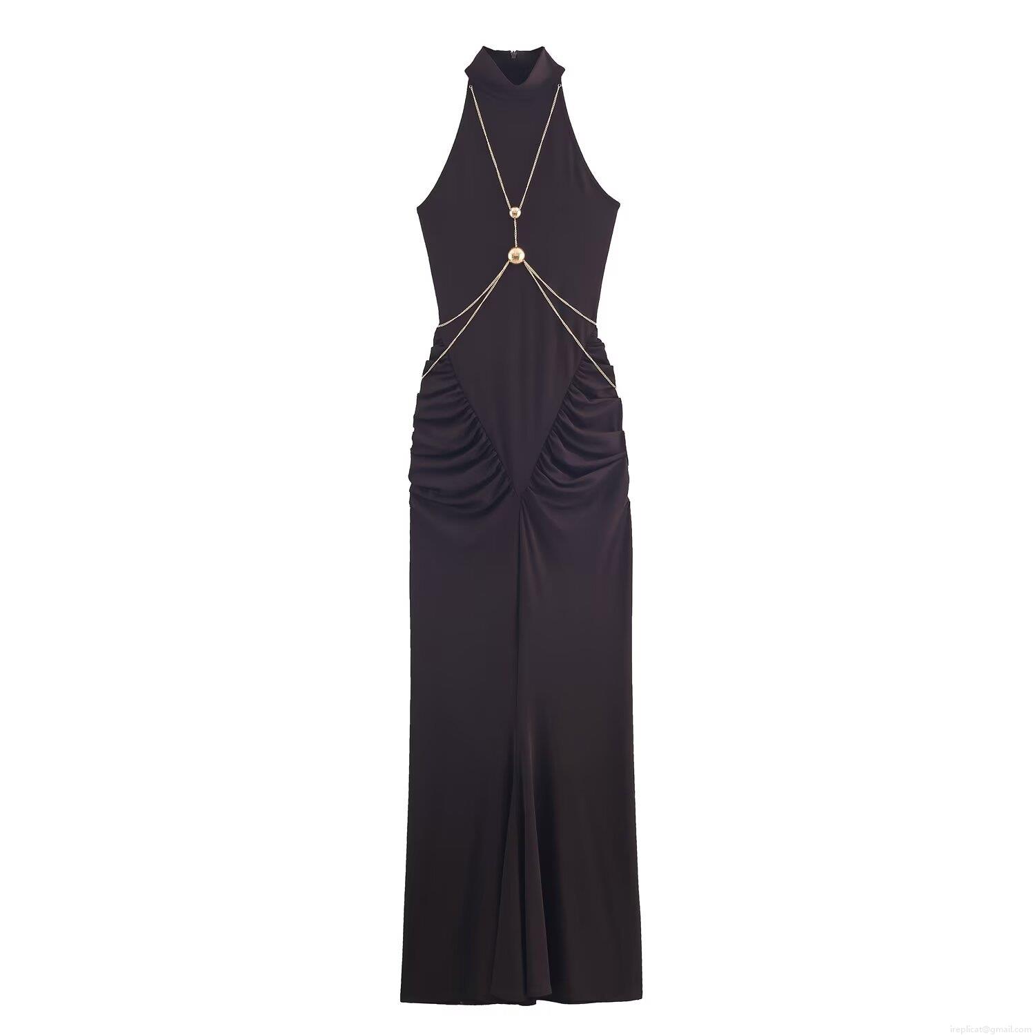 Elegant Coffee Halter Neck Maxi Dress With Gold Metal Chain Detail Ruched Bodycon Backless Long Evening Party Dress For Women Vacation Celebrity Style