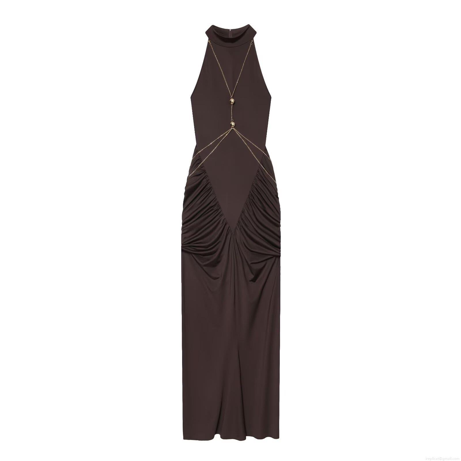 Women Halter Neck Bodycon Maxi Dress Long Sleeve With Metal Chain Ruched Elegant Solid Color Party Evening Long Dress For Ladies