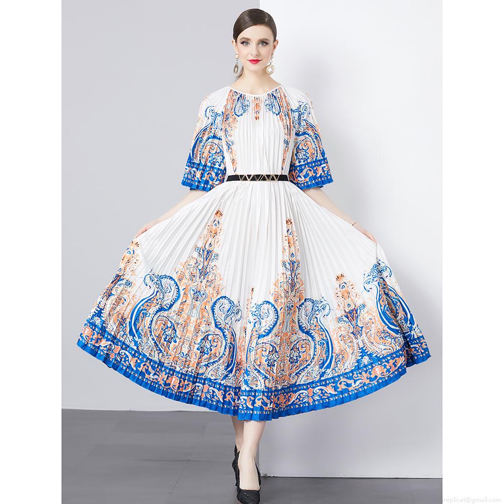 Women's Elegant Pleated Maxi Dress 5.5m Large Hem Accordion Pleats Retro Paisley Print Bohemian Long Dress With Belt For Party Vacation