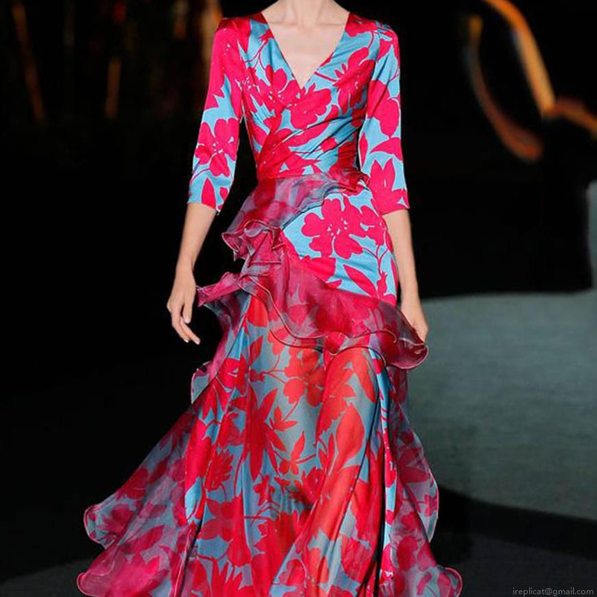 Elegant Floral Print Maxi Dress Women's V Neck 3/4 Sleeve Multi Layer Ruffle Hem Polyester Chiffon Slim Fit Commuter Long Flowy Dress