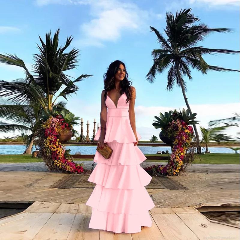 Women Sexy V Neck Backless Tiered Maxi Dress Spaghetti Strap Elegant Party Gown Evening Wedding Guest Vacation Summer Solid Color Polyester Dress