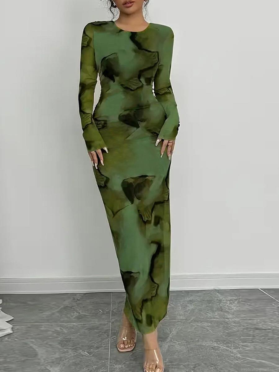 Women's Elegant Abstract Marble Print Long Sleeve Maxi Dress Slim Fit High Stretch Milk Silk Bodycon Pencil Long Gown for Autumn Winter Commuting Party