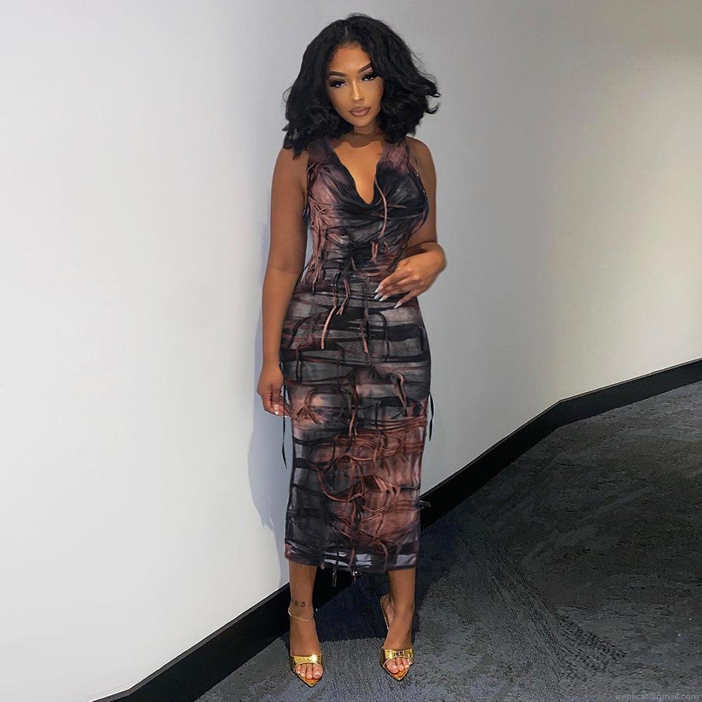 Women's Sexy Halter Hooded Backless Maxi Dress Distressed Knit Slit Bodycon Streetwear Party Long Dress With Abstract Ink Print