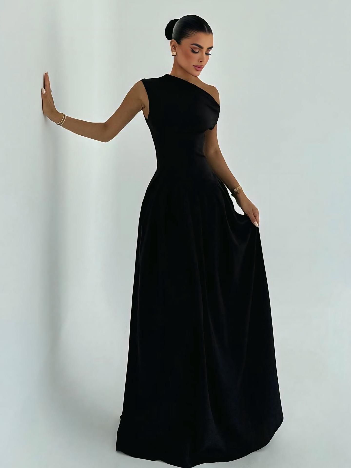 Women's Sexy One Shoulder Pleated Maxi Dress Solid Color Sleeveless A-Line Long Gown For Evening Party Vacation Elegant Summer Fashion