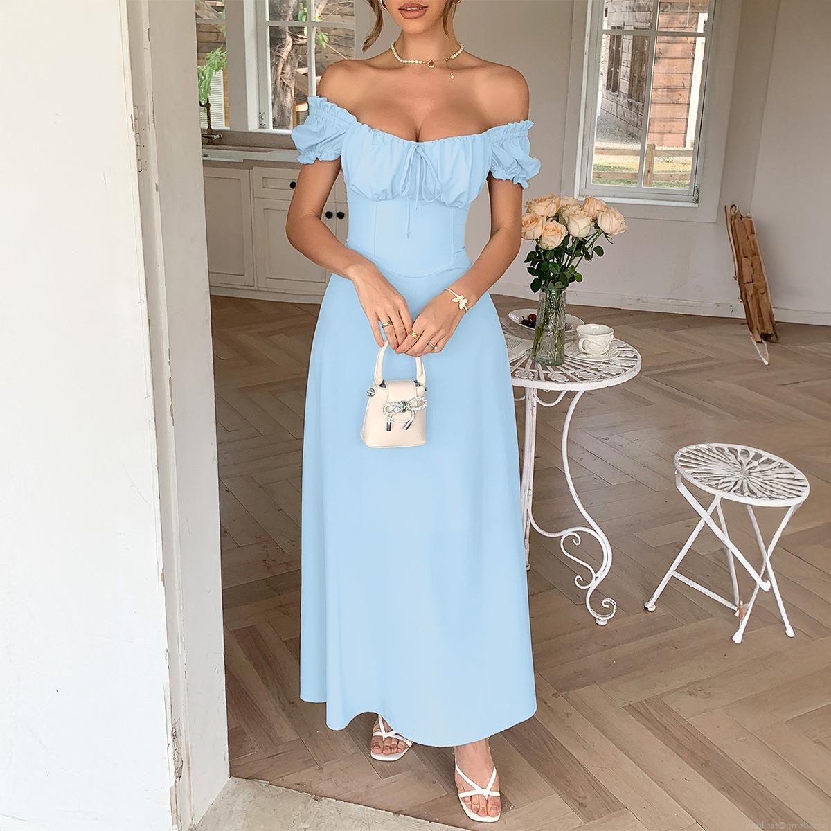 French Retro Elegant Women's Maxi Dress With Puff Sleeve Square Neck Drawstring Pleated Solid Color Polyester Elastane Blend A-Line Dress For Vacation Party