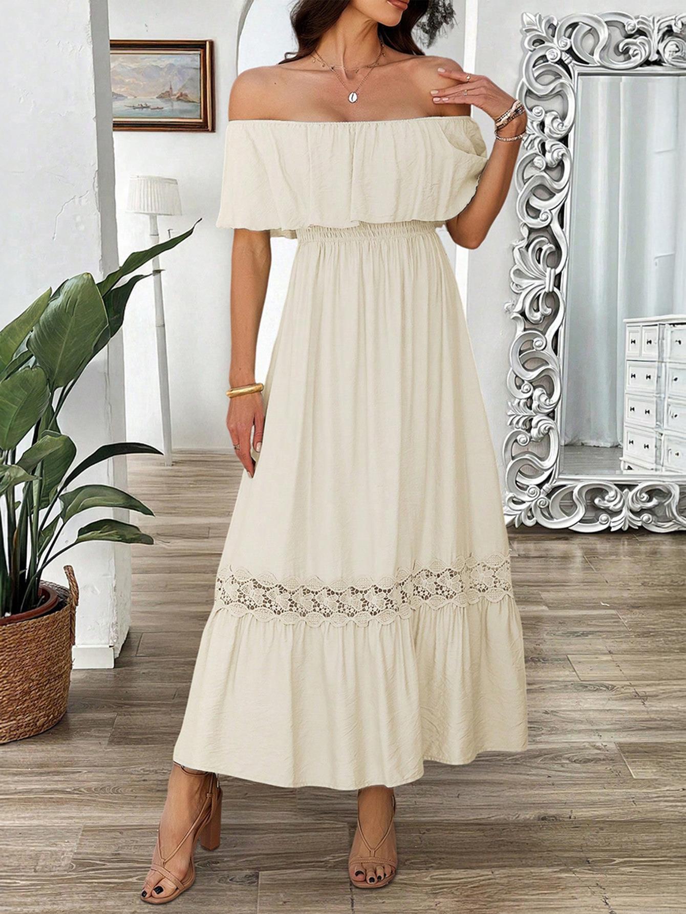 Women Off Shoulder Ruffle Maxi Dress Viscose Lace Patchwork Boho Vacation Summer Long Dress With High Waist Shirred Design