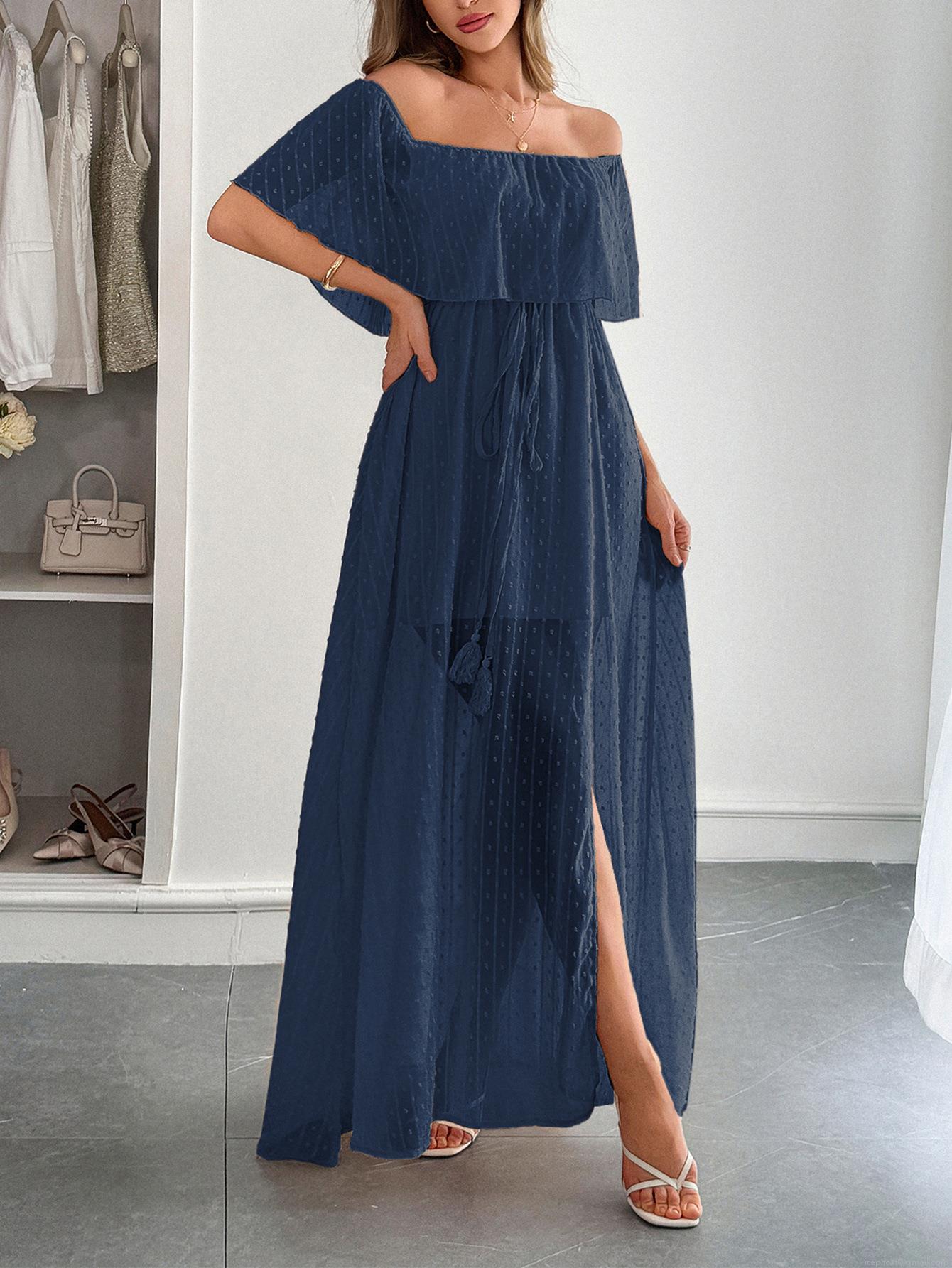Off-Shoulder Polka Dot Maxi Dress Women Ruffle Mesh Overlay Summer Boho Split Elegant Short Sleeve Drawstring Tassel Waist Party Beach Long Dress