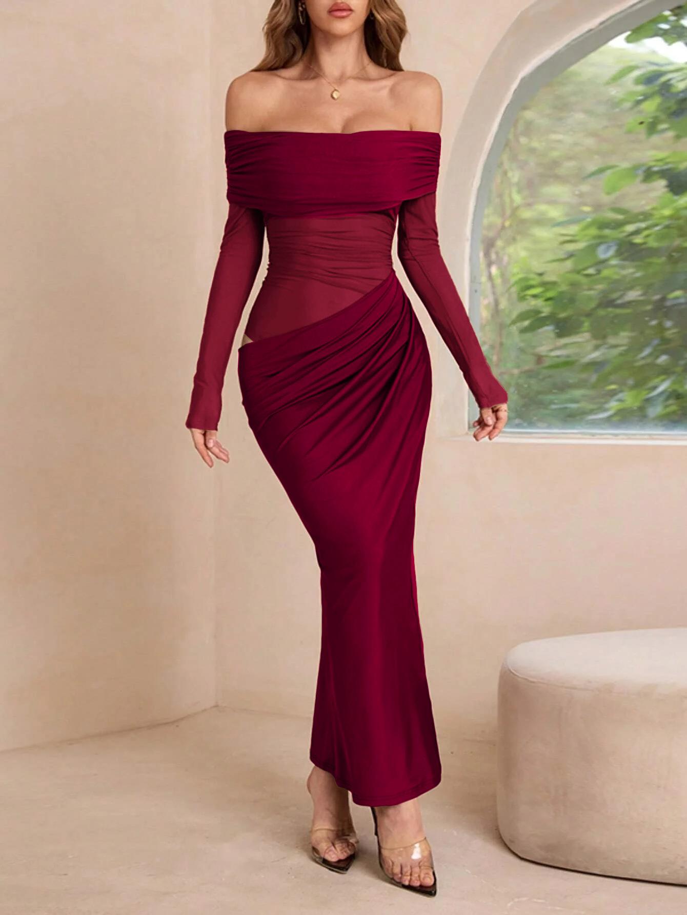 Elegant Off the Shoulder Mesh Patchwork Maxi Dress for Women Sexy Ruched Long Sleeve Bodycon Evening Party Long Dress Solid Color Polyester Spandex Clubwear