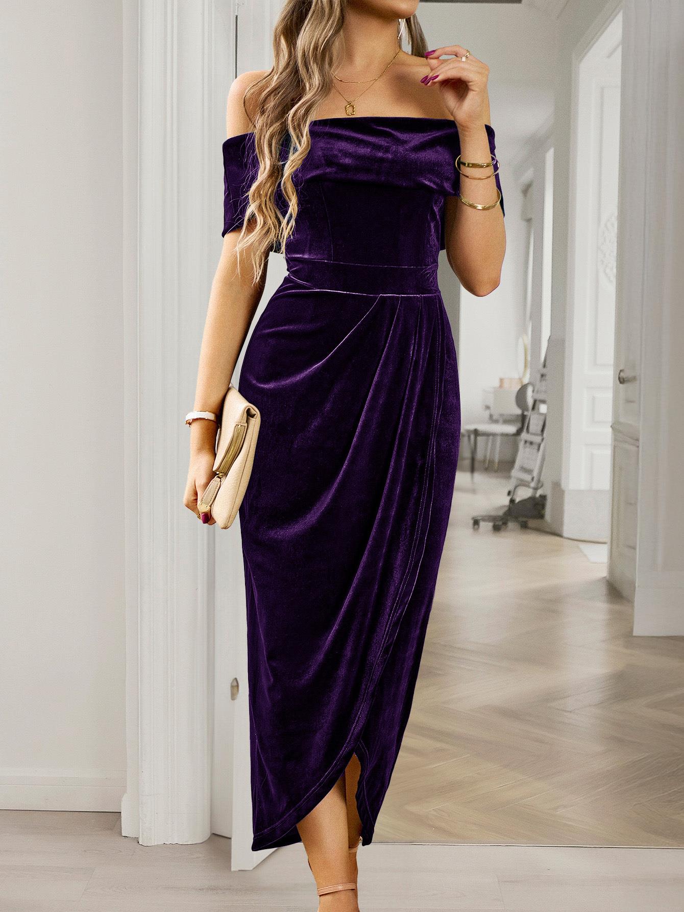 Women's Elegant Velvet Off-The-Shoulder Maxi Dress Sexy Ruched Side Slit Bodycon Velour Party Gown Slim Fit Evening Dress For Banquet Dating
