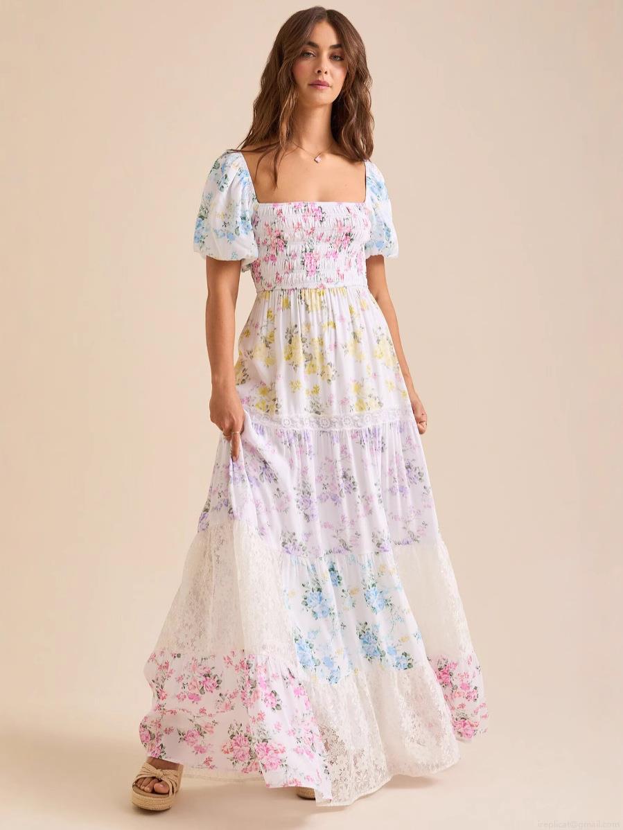 Women Elegant Floral Print Polyester Maxi Dress With Lace Patchwork Puff Sleeve Square Neck Smocked High Waist Tiered Long Dress For Vacation Casual Lady