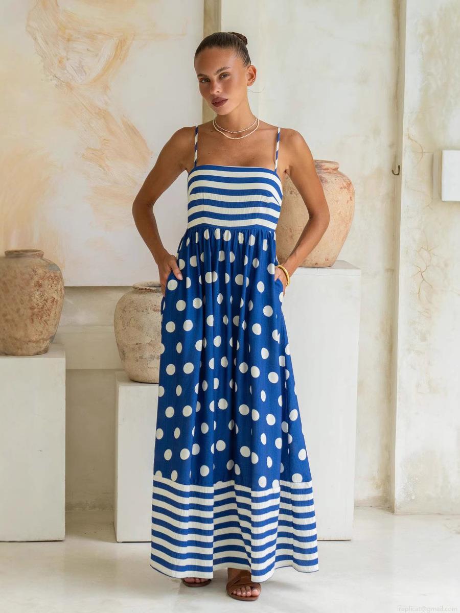 Women's Summer Sexy Backless Sling Maxi Dress Casual Polka Dot Stripe Print Long Dress With Pockets High Waist Sleeveless Vacation Beach Party A-Line Big Hem Polyester Dress