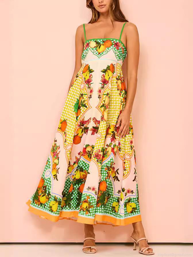 Women's Sexy Sling Fruit Floral Print Maxi Dress Polyester Spandex Sleeveless High Waist Big Swing Bohemian Beach Vacation Long Sundress