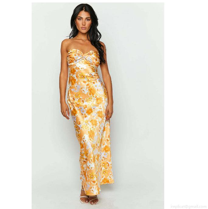 Women's Sexy Tube Top Floral Print Backless Maxi Dress Slim Fit Polished Milk Silk Bodycon Long Dress For Summer Vacation Party