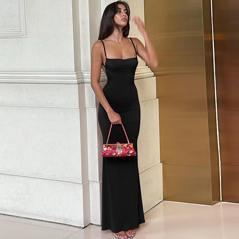 Women's Sexy Backless Cami Maxi Dress Solid Color Slim Fit Polyester Spandex Long Dress for Summer Party Clubwear Streetwear