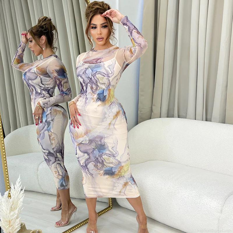Women's Sexy Abstract Marble Print Mesh Maxi Dress Long Sleeve Round Neck Slim Fit Bodycon Party Club Night Evening Dress