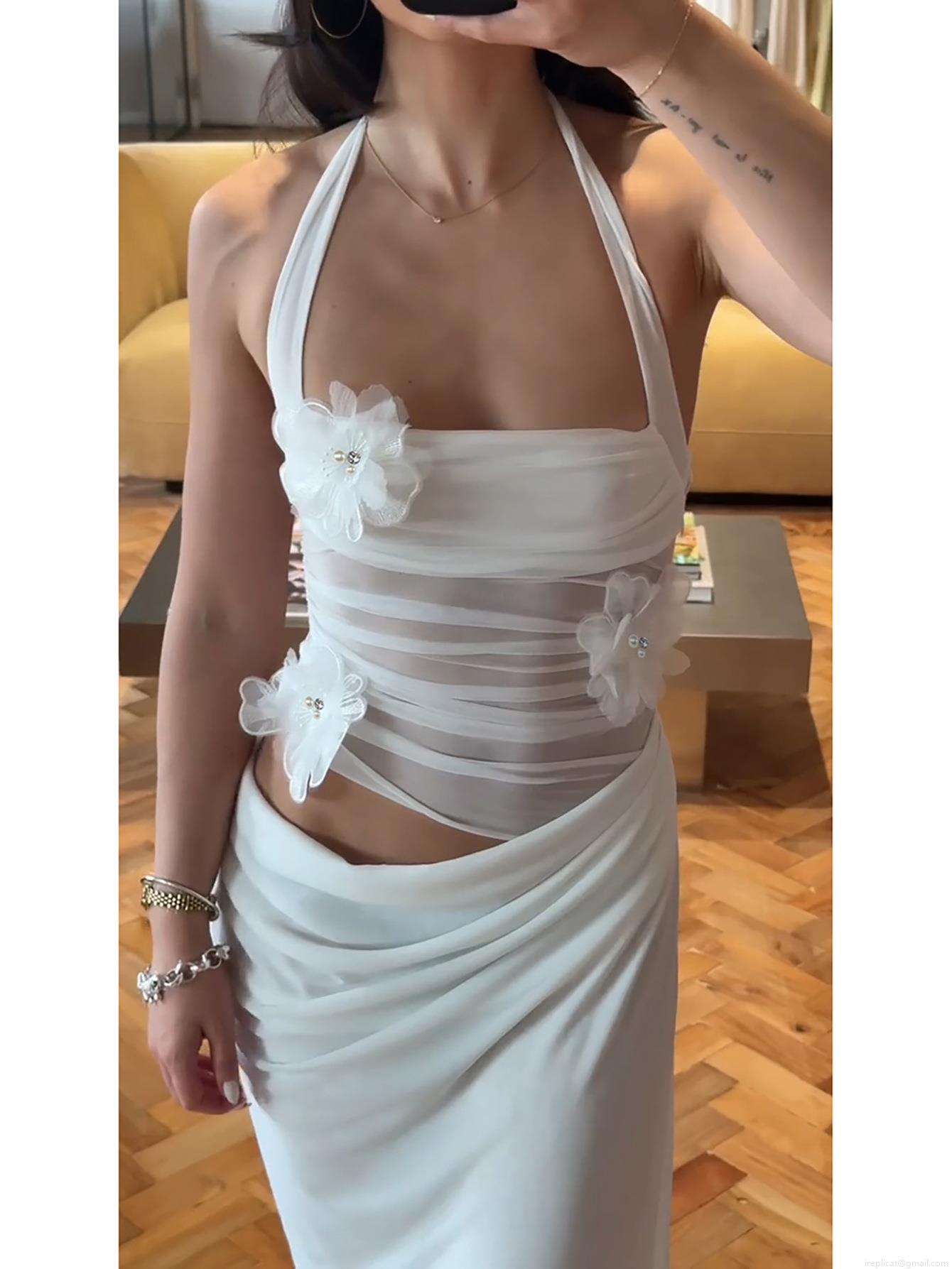 Women Sexy 3D Flower Halter Dress Mesh Patchwork Pleated Maxi Dress Elegant Bodycon Party Clubwear Summer Sleeveless Long Dress
