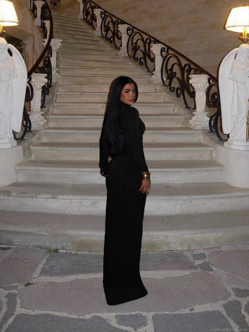 Women's Sexy High Neck Long Sleeve Bodycon Maxi Dress Milk Silk Fabric With 3D Flower Hollow Out High Slit Celebrity Evening Party Gown Polyester Elastane