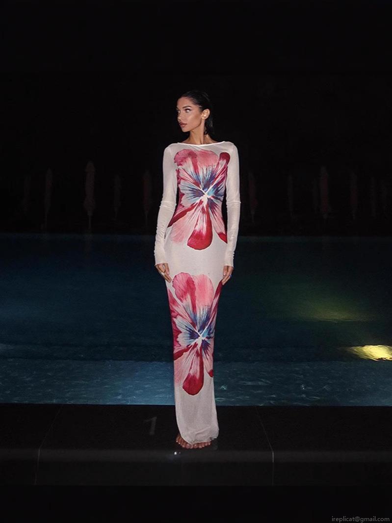 Women Sexy Floral Print Mesh See-Through Maxi Dress Long Sleeve Slim Fit Round Neck Bodycon Long Dress Polyester Elastane Beach Vacation Party
