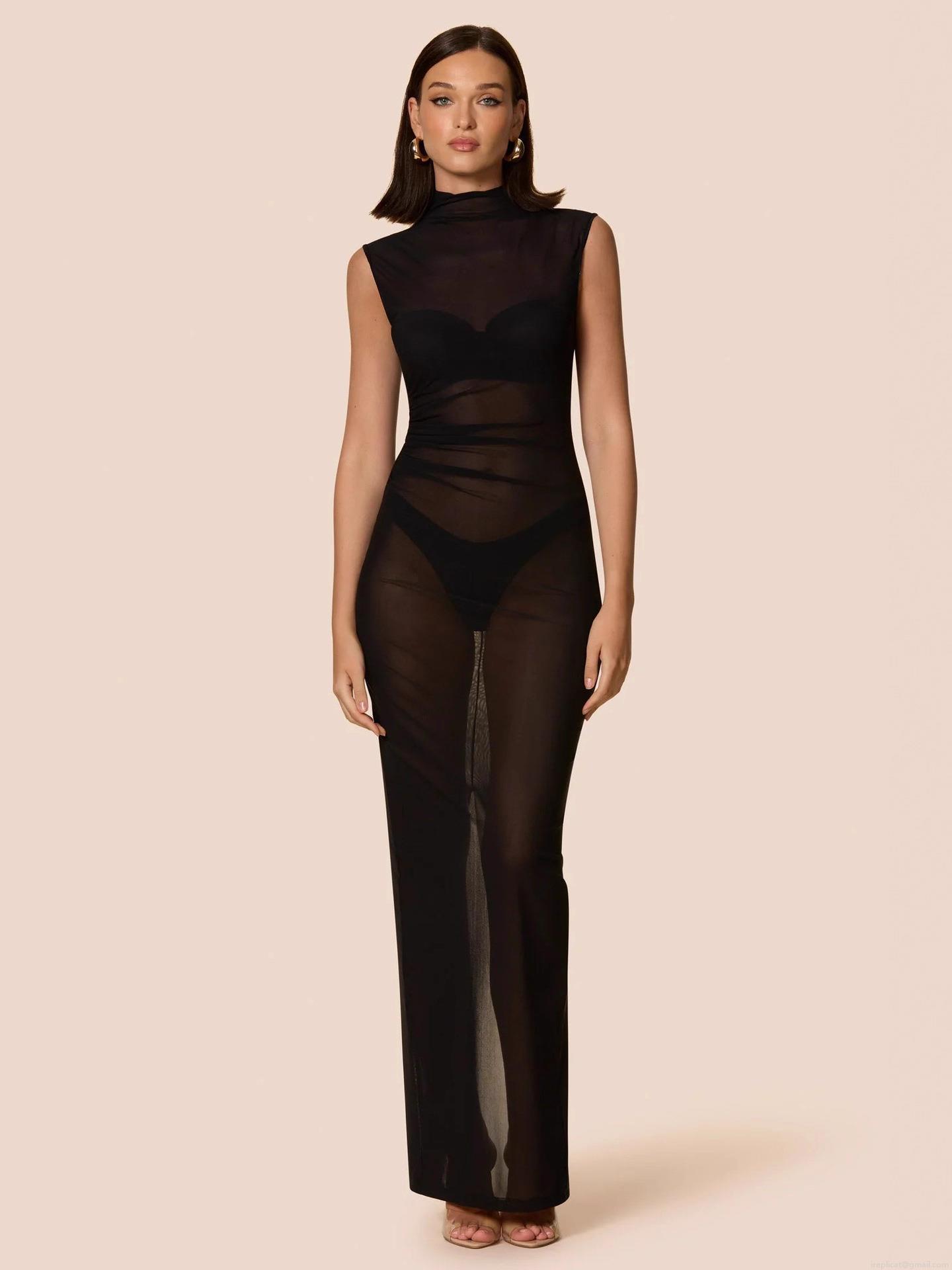 Sexy Women See-through Mesh Sleeveless Stand Collar Maxi Dress Ruched Bodycon Slim Fit Back Slit Long Gown for Party Clubwear Night Out