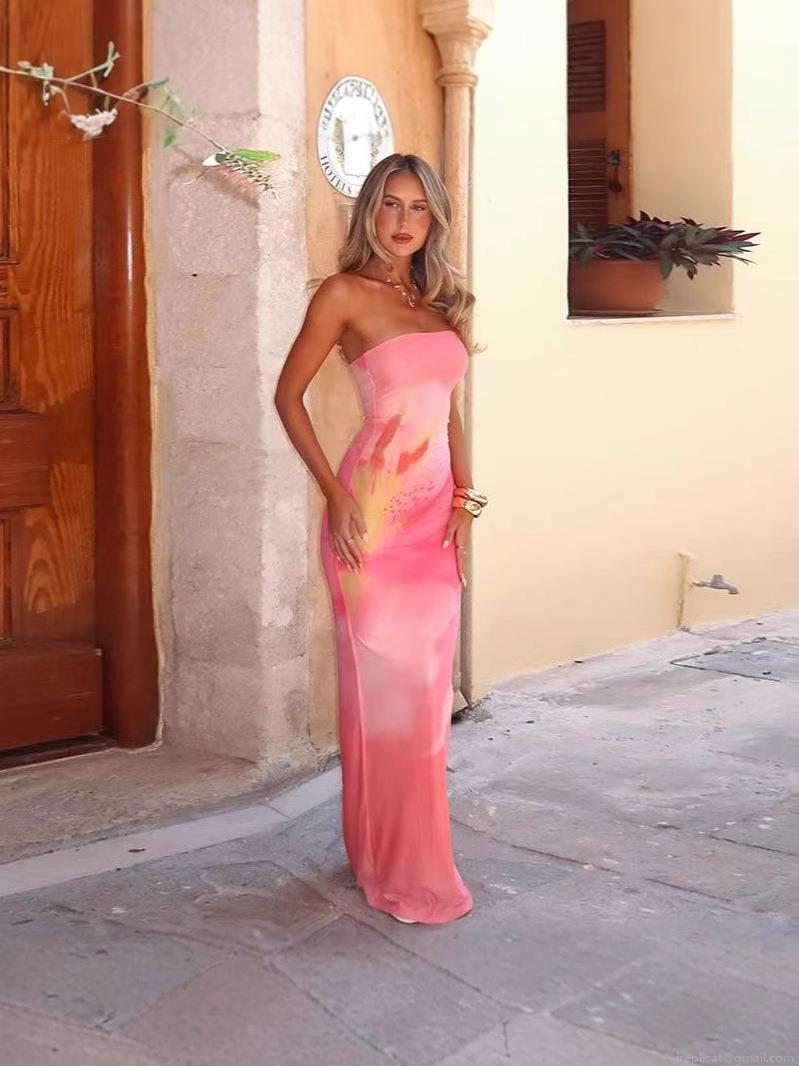 Women's Sexy Floral Print Tube Top Slim Fit Maxi Dress Sleeveless Back Slit Bodycon Long Dress Polyester Elastane Blend for Party Vacation Summer