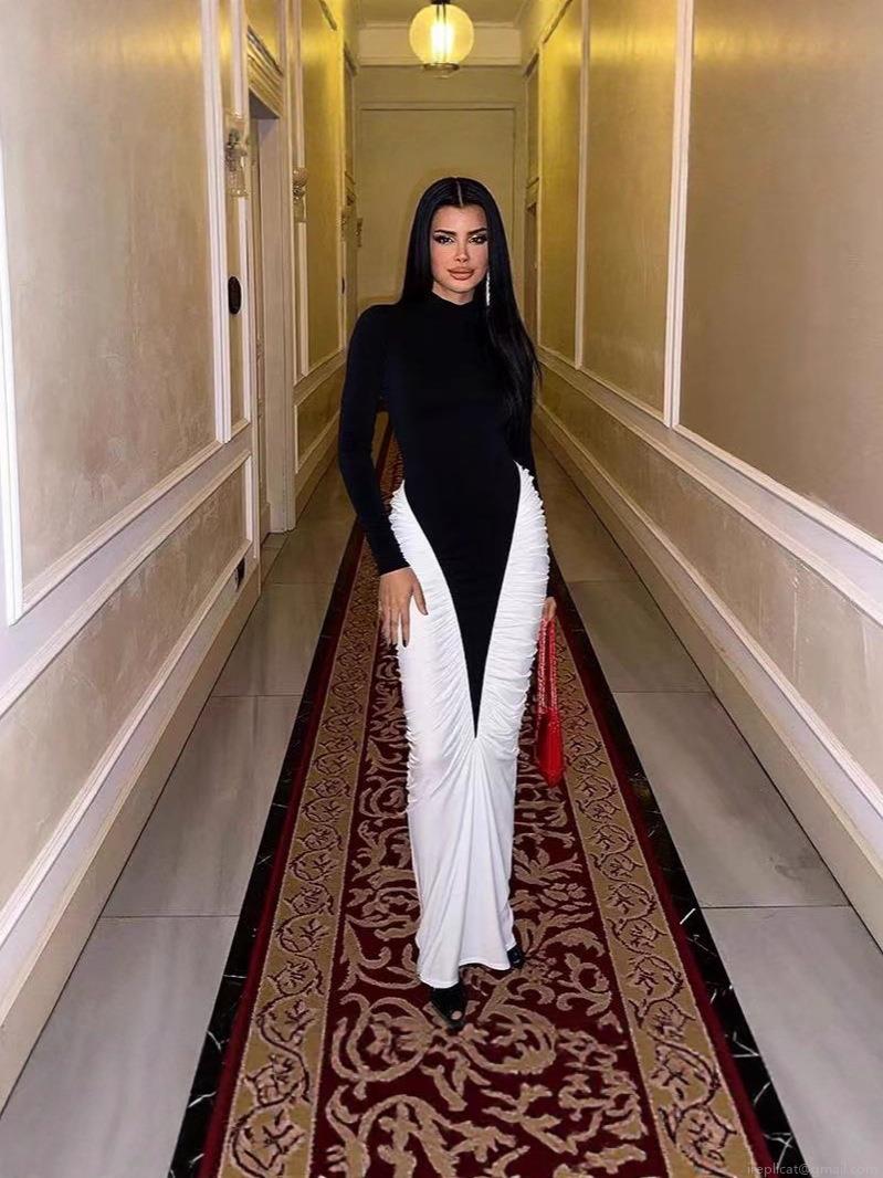 Elegant Women's Color Block Ruched Maxi Dress Sexy Long Sleeve Mock Neck Slim Fit Bodycon Stitching Chic Party Evening Gown