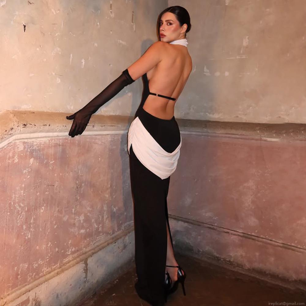 Women's Sexy Backless Halter Maxi Dress Contrast Color Block Pleated Bodycon Long Gown For Banquet Evening Party Prom Clubwear