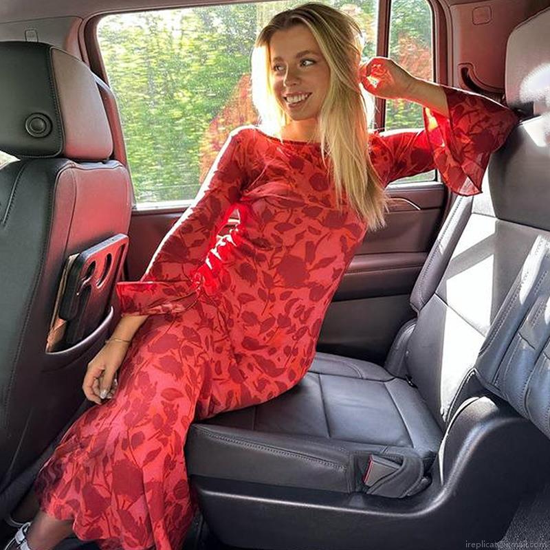 Women's Bohemian Floral Zebra Print Maxi Dress Sexy See-Through Mesh Round Neck Long Flare Sleeve Long Dress Summer Vacation Streetwear Polyester Outfits
