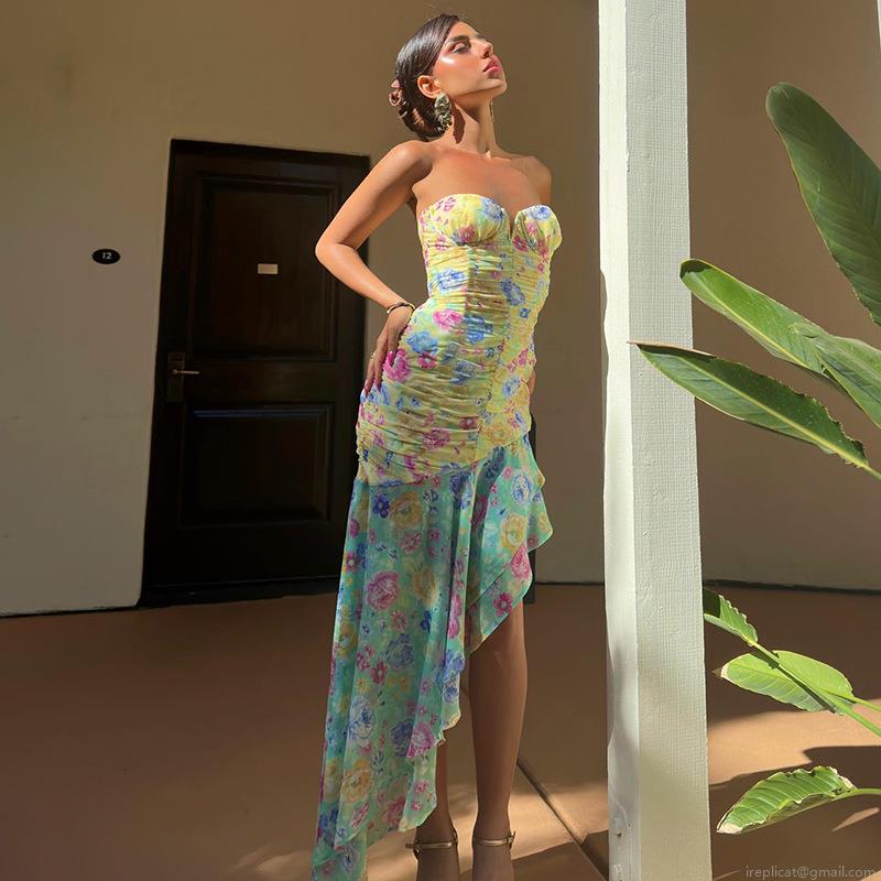 Women Sexy Floral Print Bandeau Maxi Dress French Vintage Off Shoulder High Waist Pleated Fishtail Skirt With Asymmetric Ruffle Hem Summer Beach Vacation Party Outfits