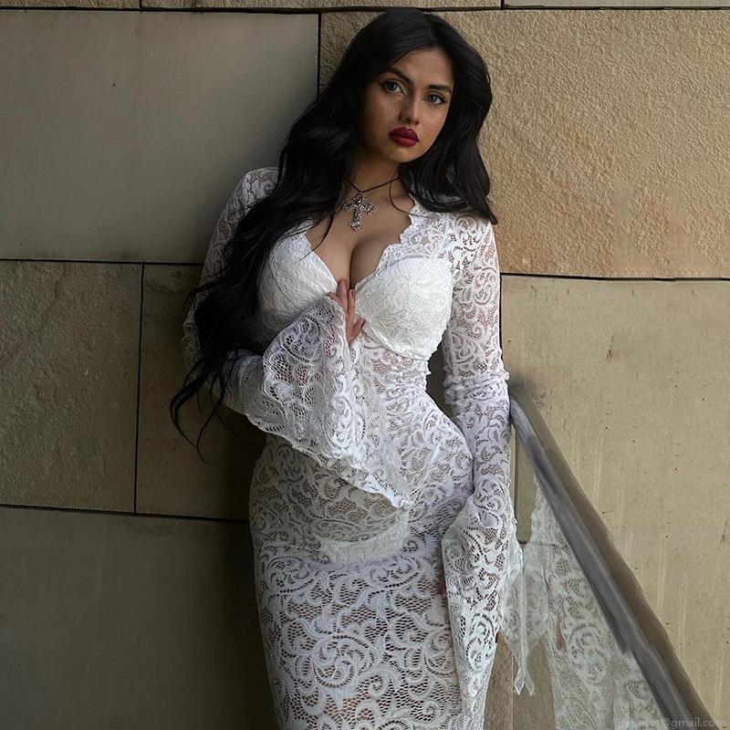 Women's Sexy Sheer Lace Spliced Maxi Dress Deep V-Neck Flared Long Sleeve See-Through Evening Party Long Dress For Women
