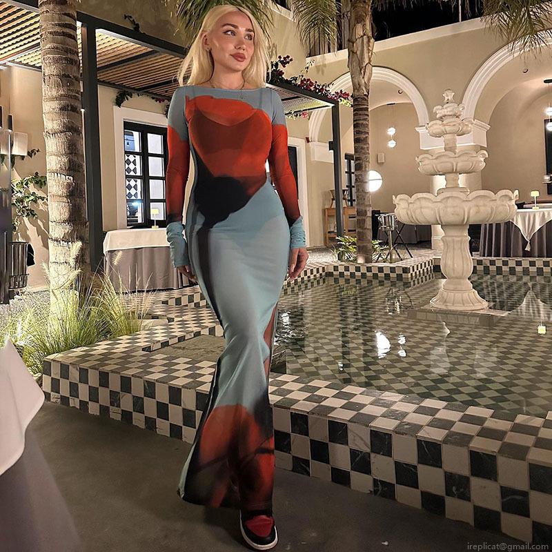 Women Sexy Transparent Mesh Floral Print Maxi Dress Western Style Long Sleeve High Split Bodycon Club Evening Party Long Dress