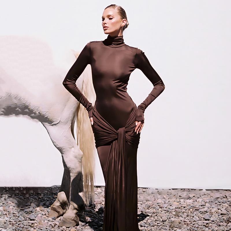 Sexy High Neck Long Sleeve Maxi Dress for Women Twist Front Bodycon Polyester Spandex Autumn Fashion Spice Girl Party Wedding Long Dress Slim Fit