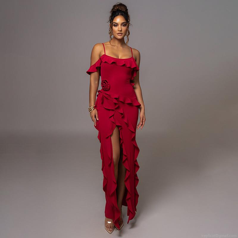 Women's Sexy Backless High Split Maxi Dress Milk Silk Ruffle Sling Evening Party Dress With Detachable Flower Brooch Sleeveless Elegant Solid Color Wedding Guest Gown