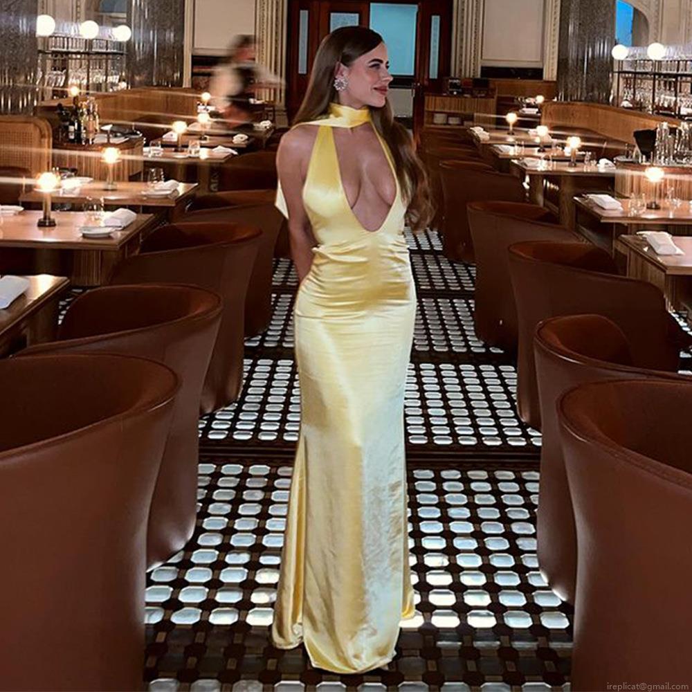 Women Sexy Deep V Neck Halter Backless Satin Maxi Dress Summer Elegant High Waist Mermaid Lace Up Evening Party Long Dress