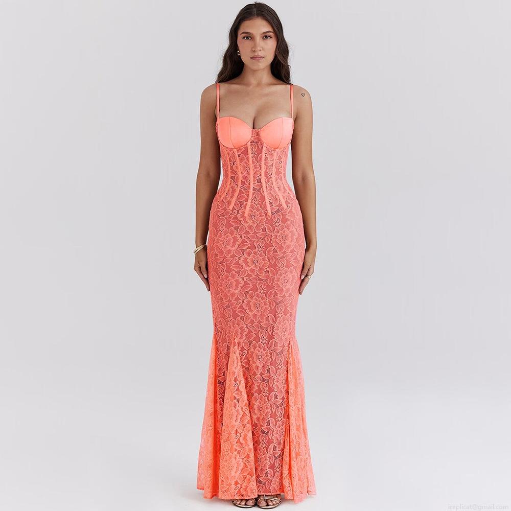 Women Sexy Floral Lace Maxi Dress Slim Fit Mermaid Backless Camisole Slip Long Dress For Party Wedding Banquet Evening Elegant Coral Orange Summer Vacation Women Clothing