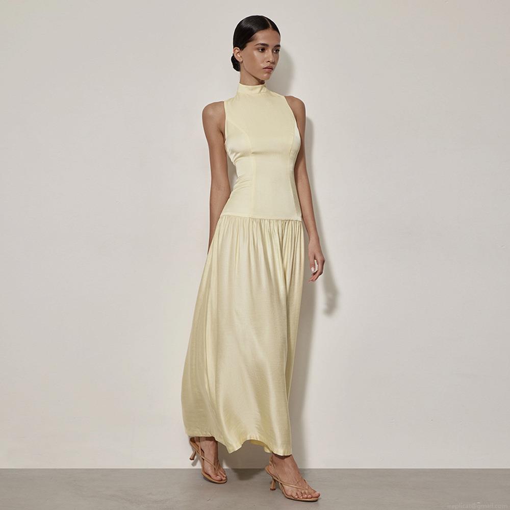 Women Sexy Backless Satin Maxi Dress Sleeveless High Neck High Waist Slim Fit Pleated Long Party Dress For Evening Banquet Clubwear