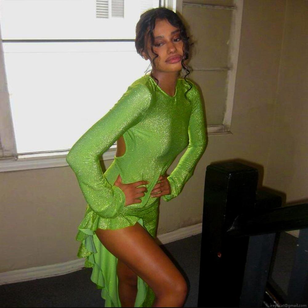Women Sexy Backless Maxi Dress Long Sleeve Glitter Knitting Bright Silk High Slit Ruffle Hem Bodycon Evening Party Clubwear Lady Dress