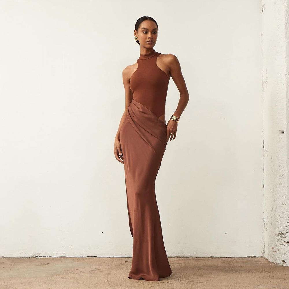 Women's Sexy Sleeveless Maxi Dress Hollow Out Patchwork Design Knit Satin Milk Silk Round Neck High Split Slim Fit Long Dress For Party Club Night Ladies Elegant Bodycon Summer Streetwear