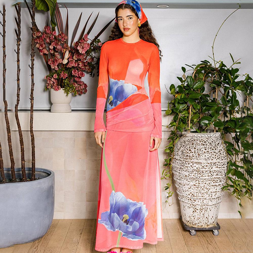 Women Sexy Floral Print Mesh Maxi Dress Long Sleeve Round Neck Ruched High Slit Bodycon Long Skirt for Party Club Autumn Slim Fit Milk Silk Printed Dress