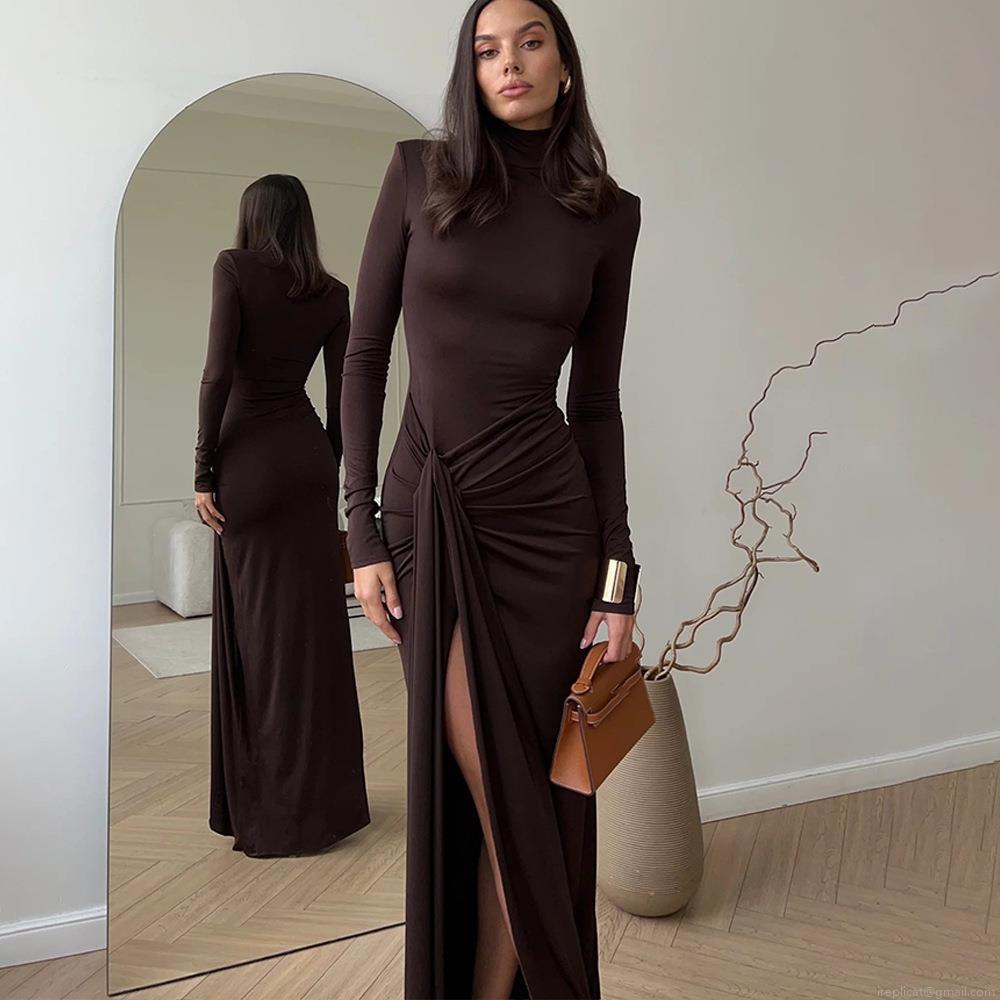 Sexy High Neck Long Sleeve Maxi Dress Women High Slit Slim Fit Bodycon Milk Silk Ruched Drawstring Evening Party Clubwear Autumn Winter Long Dress