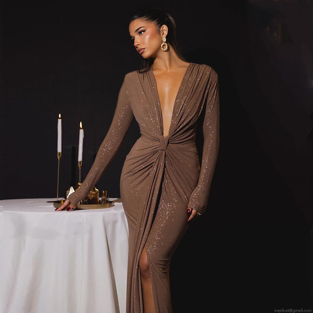 Women's Sexy Deep V-Neck Long Sleeve Maxi Dress Sparkly Glitter Fabric Ruched Slit Evening Party Gown High Waist Bodycon Clubwear
