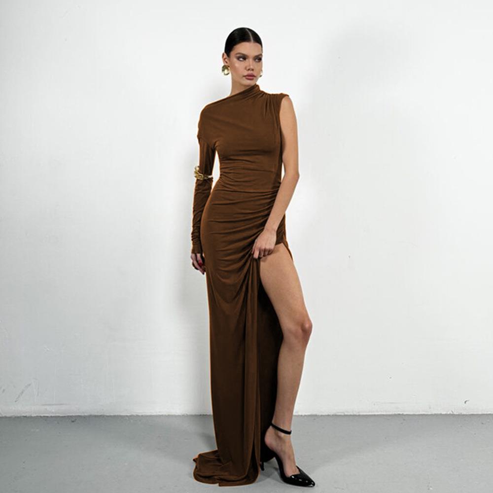 Women One Shoulder Ruched Long Dress Elegant Slim Fit High Slit Stretch Satin Maxi Dress For Evening Party Wedding Guest Lady