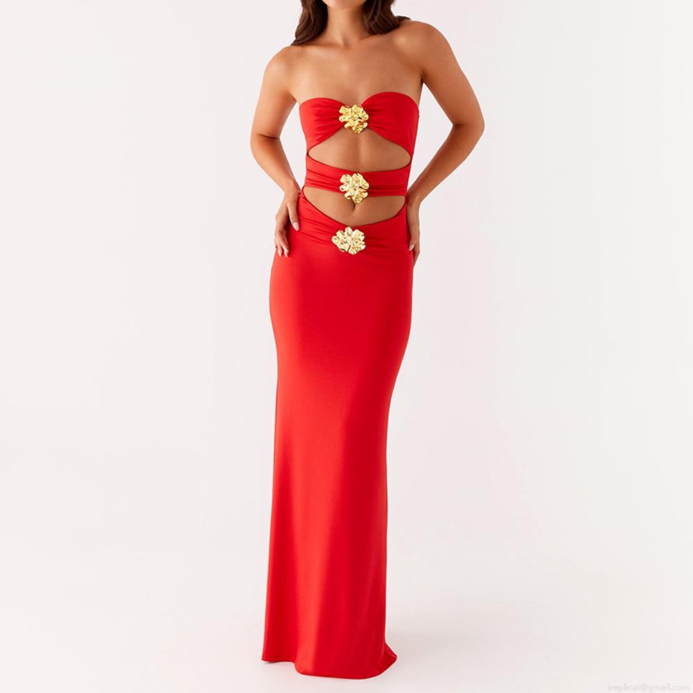 Sexy Cutout Off-Shoulder Maxi Dress For Women Summer Bodycon Party Clubwear Night Out Streetwear Y2K Style With Metal Flower Decoration Polyester Milk Silk Dress