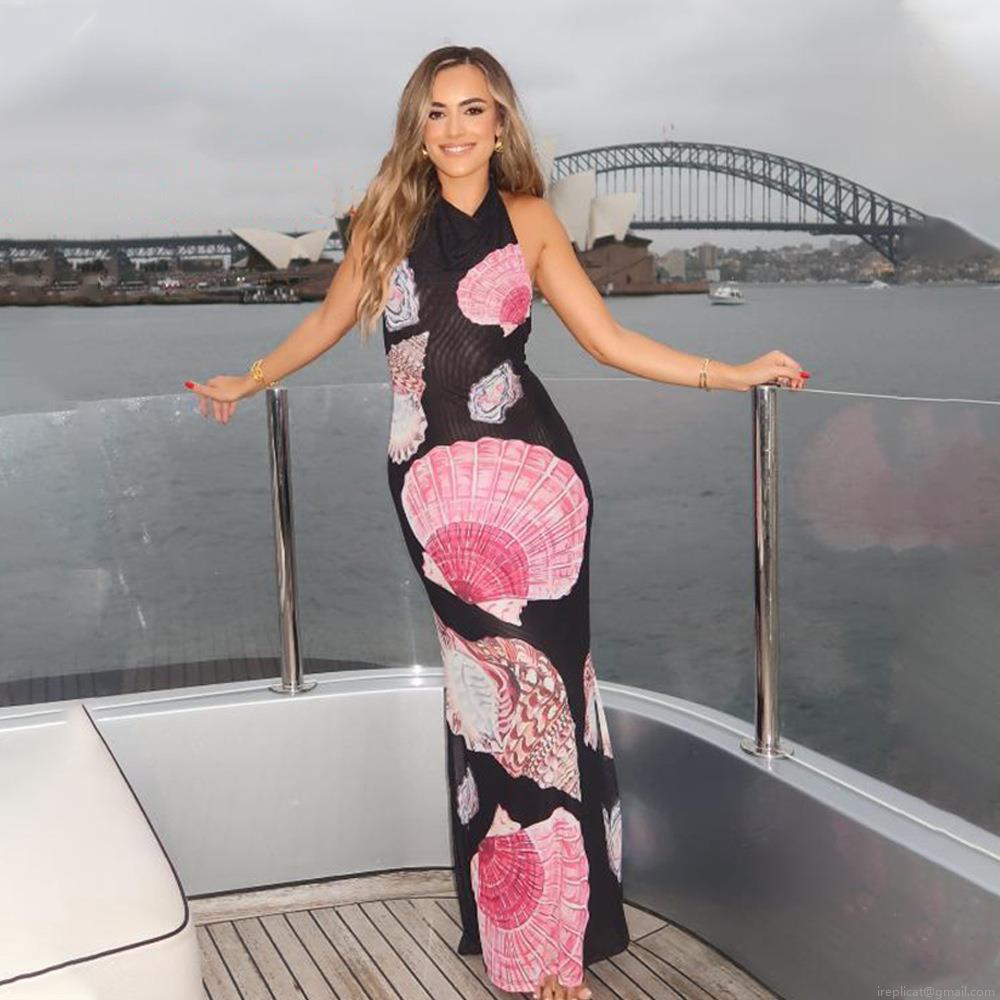 Elegant French Sexy Halter Maxi Dress Women Backless Slim Fit Seashell Print Polyester Mesh Milk Silk Long Dress For Beach Vacation Party Summer